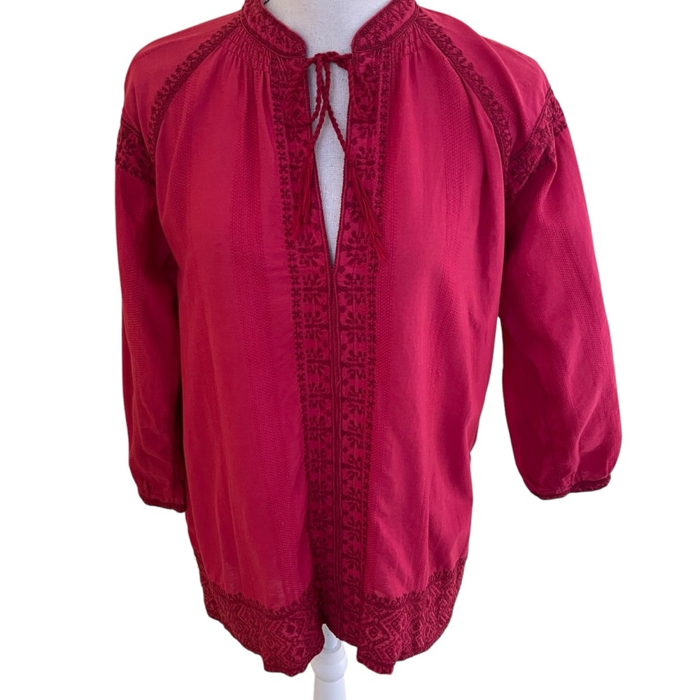 Madewell Red Split Neck Embroidered Blouse S